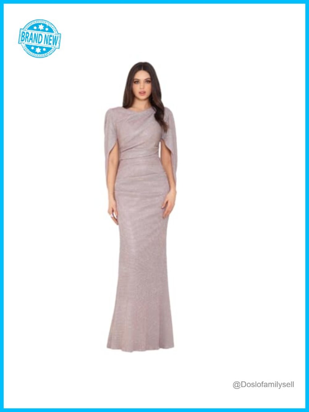 Glitter Cape Sleeve Formal Dress Draped Neckline Hidden Back Zipper